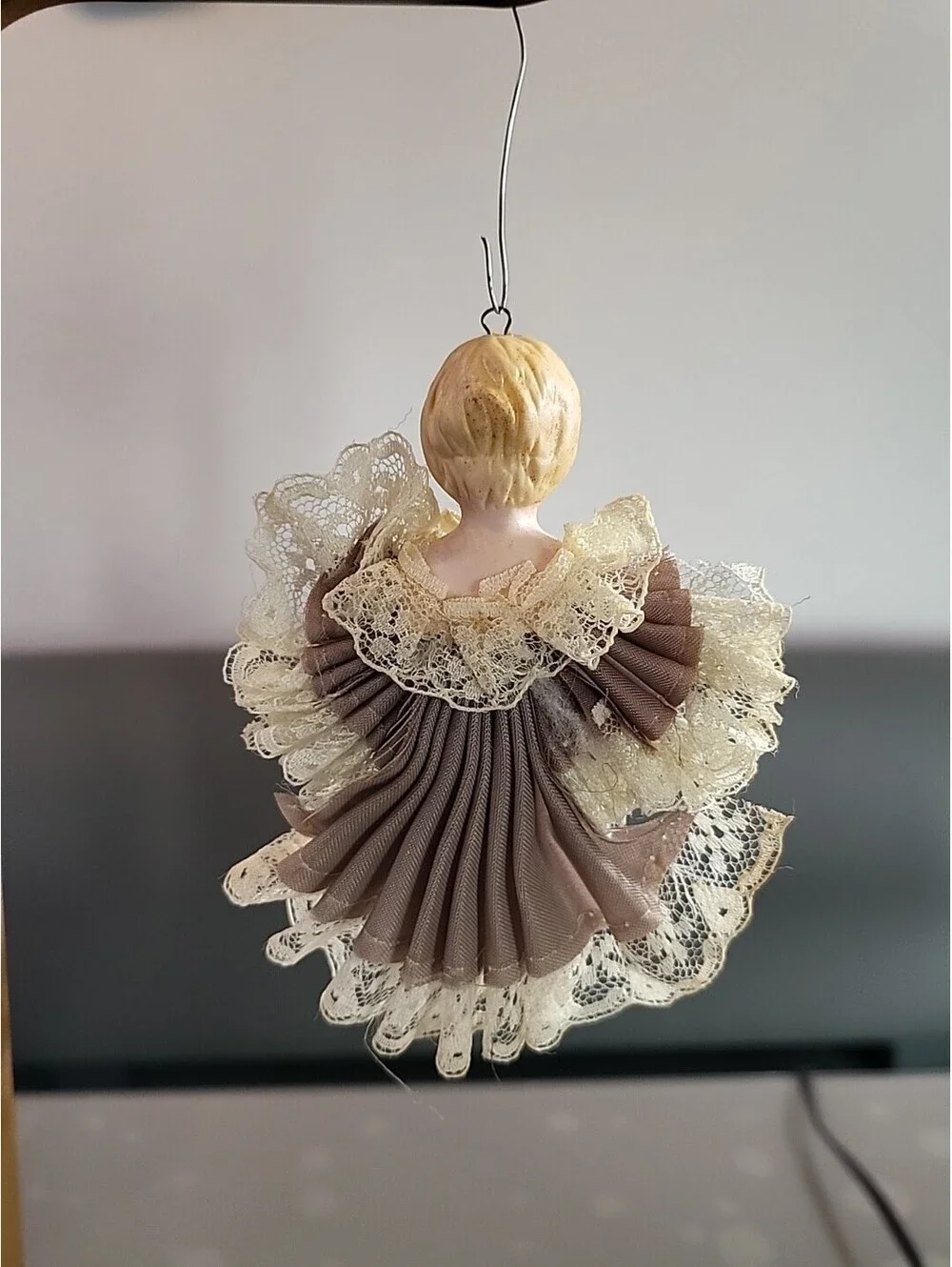 Vintage Porcelain Angel Girl Gray HandmadeChristmas Ornament 4